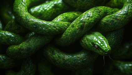 Fototapeta premium Close-up of a vibrant green snake coiled in a striking pattern with detailed scales, showcasing its intricate texture and natural beauty in a dramatic lighting setting.