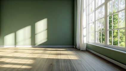 Obraz premium Sunny Room with Green Walls and Wood Floor