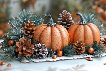 Two pumpkins and pine cones on a table with a blurred background.