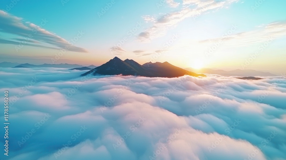 Poster sunrise over a mountain range captured from a drone, with peaks piercing through a sea of clouds and