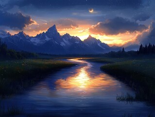 A surreal mountain range glowing softly under the light of twin moons. Rivers of molten gold flow from the peaks into radiant lakes that reflect the vibrant constellations swirling in the night 