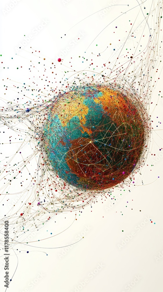 Aufkleber a colorful globe with many different colors. the globe is surrounded by many dots. the globe is in t