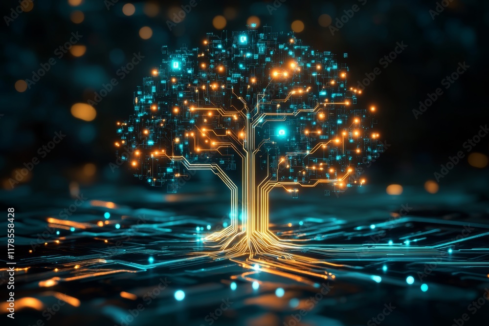 Aufkleber a digital tree with glowing circuits, representing technology and innovation in a futuristic network