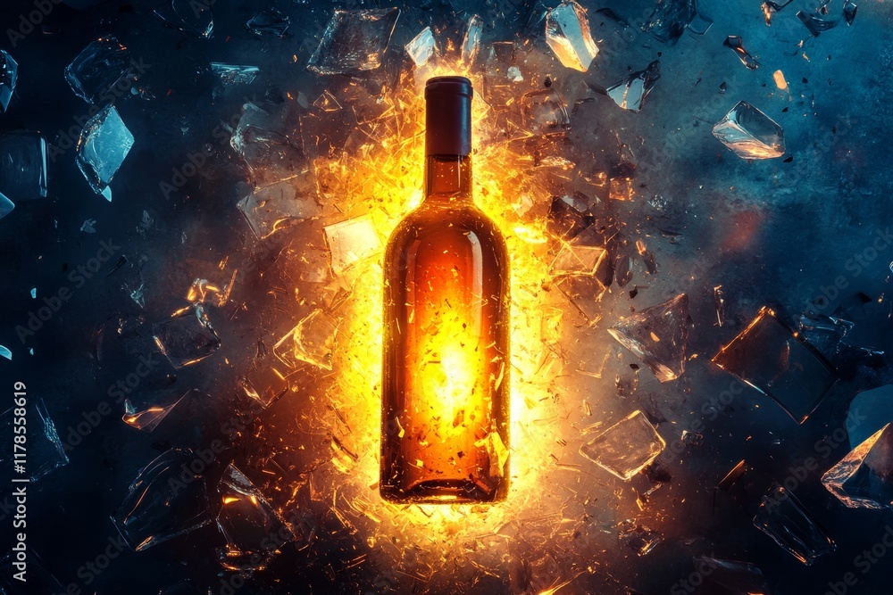 Poster a striking image of a glowing amber bottle surrounded by dynamic glass shards, creating a dramatic a