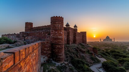 Majestic agra fort at sunset agra heritage site scenic landscape panoramic view cultural significance