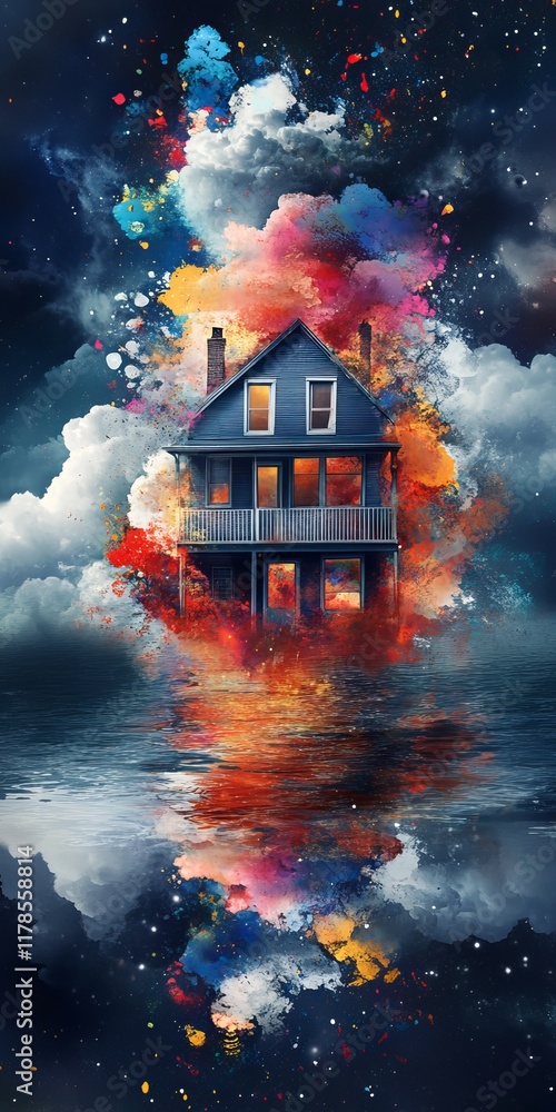 Poster A surreal image of a house surrounded by colorful clouds and reflections, creating a dreamlike and mystical atmosphere.