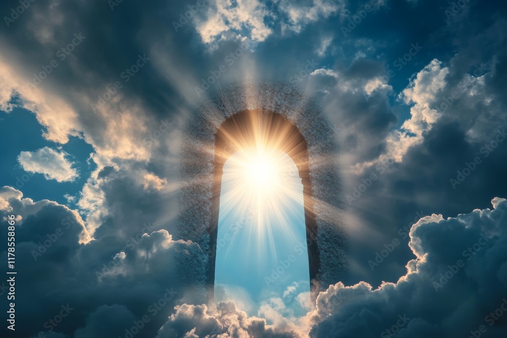 Poster a captivating scene featuring light streaming through a keyhole in the sky, surrounded by dramatic c