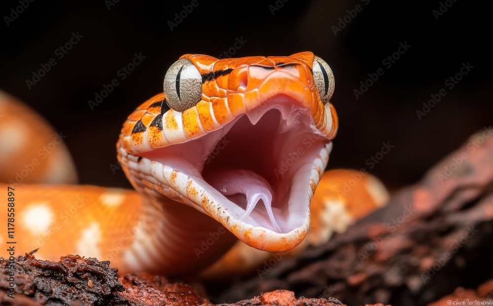 Poster close-up of a vibrantly colored orange snake with open mouth capturing the intricate details of scal