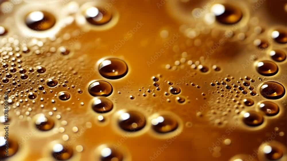 Poster bubbles and droplets on golden liquid surface create refreshing texture, while interplay of light an