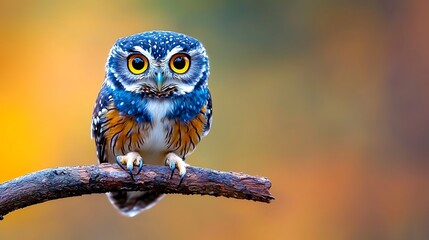 Spectacled owl perched on branch, vibrant blue, orange, and white plumage against blurred autumnal background.