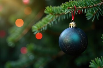 Dark spherical ornament hanging from green stem, garden decor, black ornaments, season