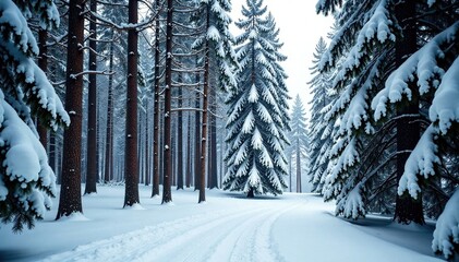 Naklejka premium Dense fir tree forest with snow-covered trunks and branches, Trees Under Snow, Winter Landscape