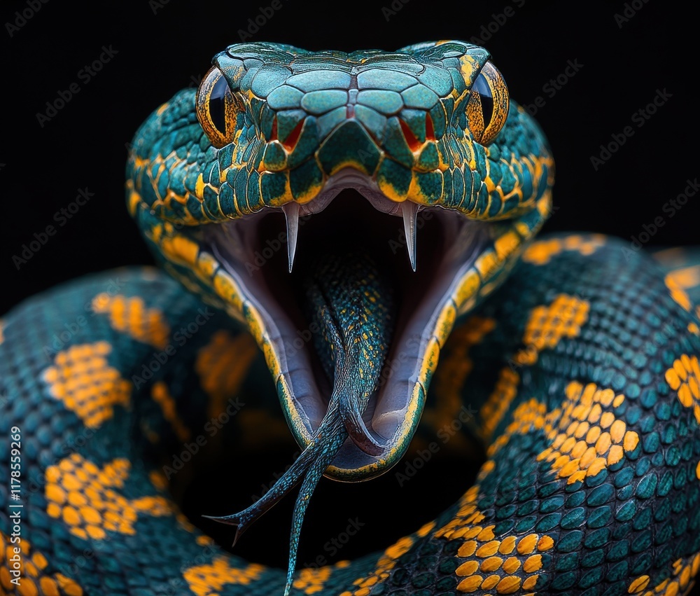Aufkleber close-up of an colorful green and yellow snake with open mouth and flicking tongue against a dark ba