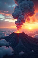 Fototapeta premium Smoke rising from a volcanic crater at sunset, clouds, atmosphere