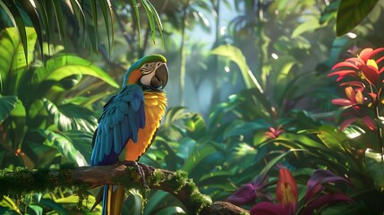 A colorful parrot perched on a branch in a tropical jungle.