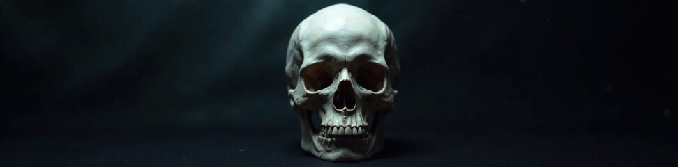 Obraz premium White skull on black background with a subtle glow, eerie, mysterious