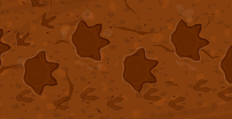 Prehistoric era dinosaur fossil footprints. Jurassic era animal archeology stone imprint, prehistory monster claws ground trace or extinct dinosaurs evolution museum fossil track vector background © Vector Tradition