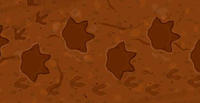 Prehistoric era dinosaur fossil footprints. Jurassic era animal archeology stone imprint, prehistory monster claws ground trace or extinct dinosaurs evolution museum fossil track vector background