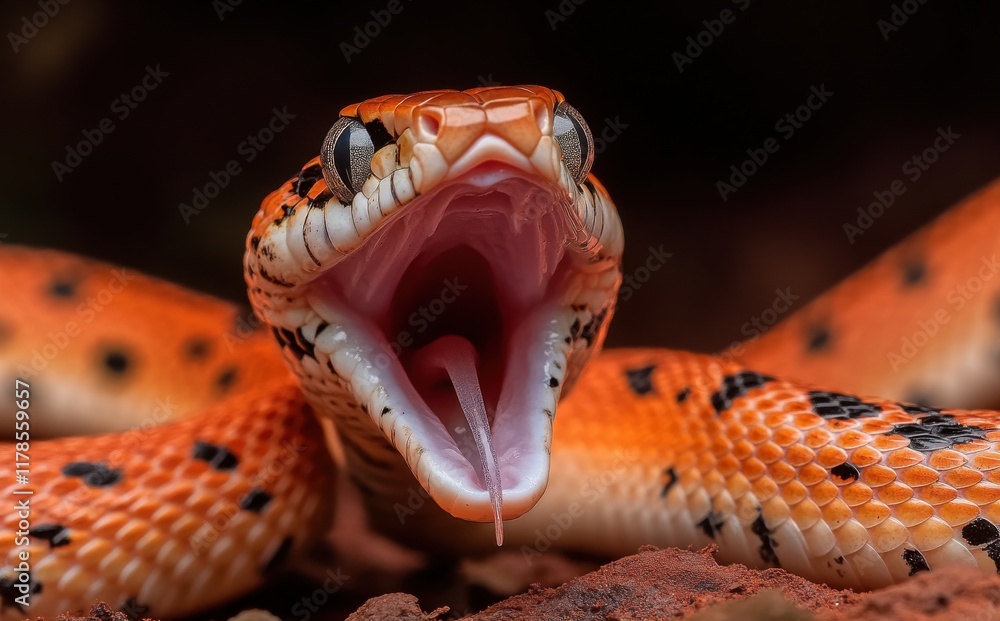 Poster close-up of vibrant orange snake with open mouth displaying fangs and unique patterns in a natural s