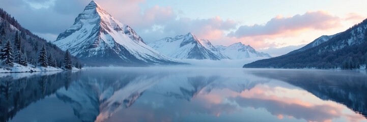 Frosty peaks mirrored in the still water of a serene lake on a cloudy winter morning, dawn, mountain, frozen