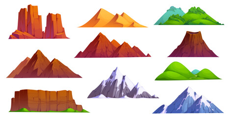 Cartoon mountains and hills, snow peaks and rocks, sand dunes and volcano isolated icons. Vector nature landscapes with stone cliffs, ice ranges, desert canyon and green valley, cartoon mountains set © Vector Tradition