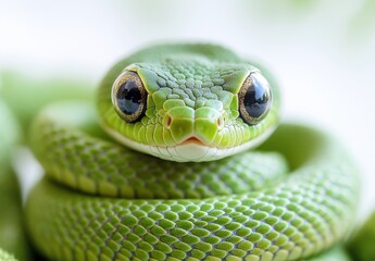 Fototapeta premium Close-Up of Vibrant Green Snake with Intricate Scales and Expressive Eyes Resting Among Lush Greenery, Capturing the Beauty of Wildlife in Nature