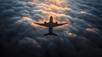 The shadow of an airplane cast upon a sea of clouds below, captured from a passenger window, offering a unique perspective on air travel.