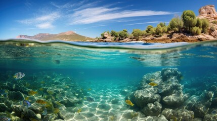 Fototapeta premium An underwater split-view of Sardinia, Italy, with the upper half revealing a serene Mediterranean coastline under bright sunlight,