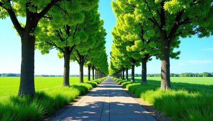 Obraz premium A walkway lined with tall trees under a clear blue sky, natural, path, trail