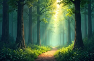 Sunlight streams through rich forest canopy illuminating pathway. Tall trees with vibrant green foliage line path. Calm, serene nature scene. Tranquil pathway winds through verdant forest. Dense