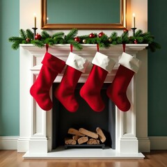 Classic red stockings draped over mantel with matching greenery, festive, greenery