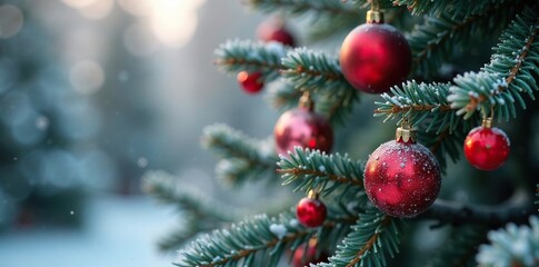 Pink and red berries on a bare frosted fir tree with ornaments hanging, festive, shine