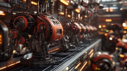 Fototapeta premium High-tech robotic assembly line showcasing advanced industrial automation and futuristic technology in a modern manufacturing facility.