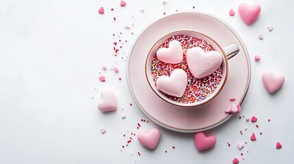 Pink cup with heart-shaped marshmallows and sprinkles on a white background.
