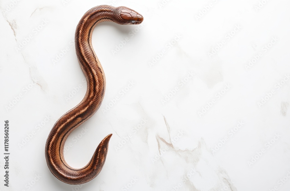 Poster close-up view of a brown snake with distinctive markings on a light marble surface, capturing its el