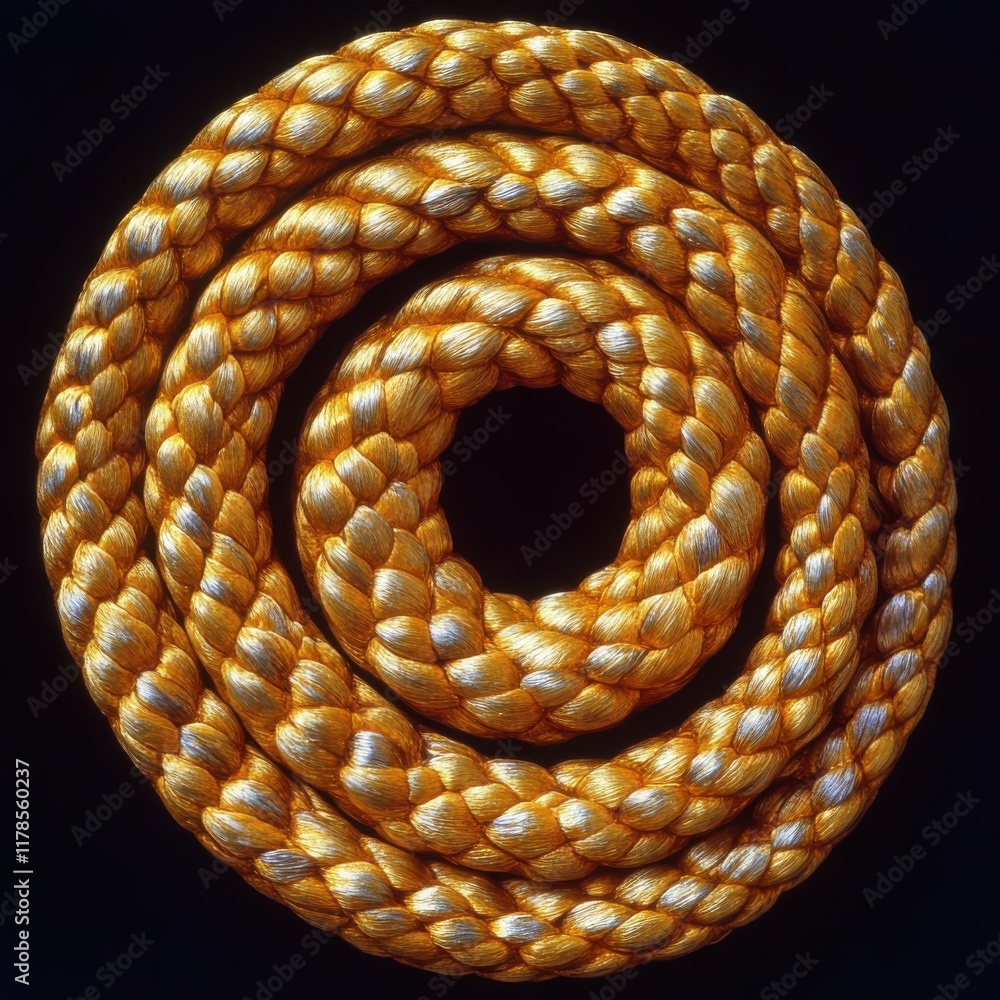 Poster close-up view of a circular coiled rope with a rich texture and bright orange color set against a da