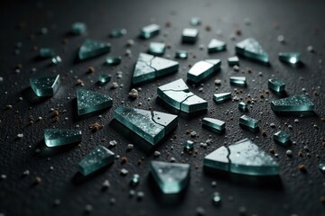 Broken glass fragments scattered on a dark surface, fragmented, black and white photography