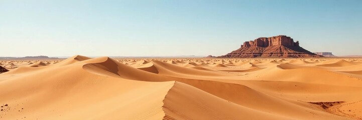 Naklejka premium Desert landscape with wavy sand dunes and a distant rocky outcrop, textured, sandstone, natural