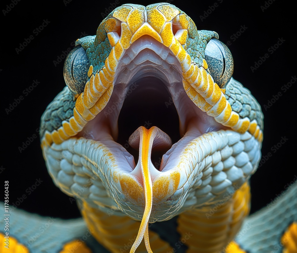 Poster close-up view of a colorful snake with open mouth displaying intricate patterns and features against