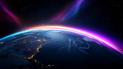 Fototapeta premium Stunning view of Earth from space, showcasing vibrant aurora borealis and city lights at night.