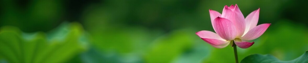 Fototapeta premium Soft pink lotus stem with leaves emerging from the pond, garden, green