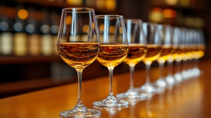Row of Wine Glasses Filled with Golden Liquid on Wooden Bar