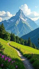 Naklejka premium serene landscape with Bieszczady Mountain in distance, scenery, peaceful