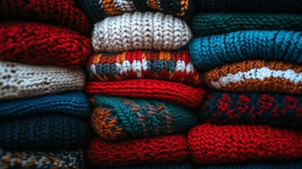 Stack of Colorful Knitted Sweaters and Winter Clothing