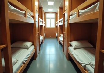 Bunk beds in a shared dormitory space designed for multiple occupants