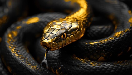 Obraz premium Close-up View of an Intricate Black and Gold Snake, Featuring Detailed Textures and Striking Patterns, Capturing the Beauty of Nature in a Stunning Composition