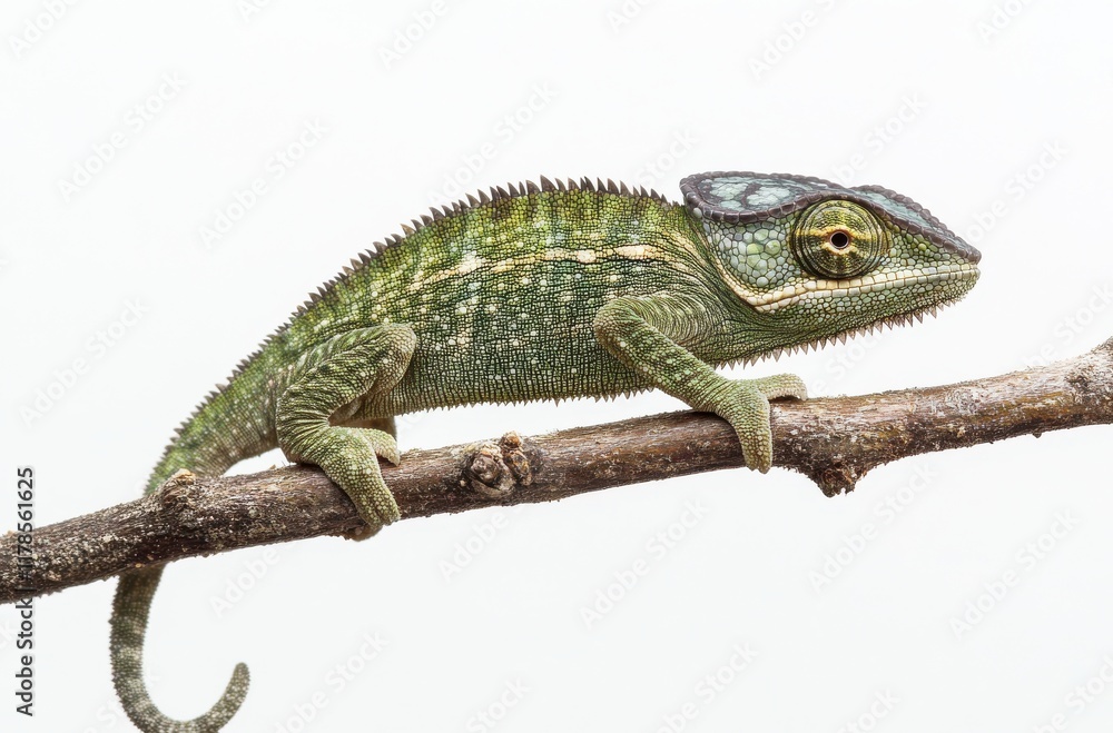 Poster close-up view of vibrant green chameleon resting on a branch with textured skin, unique features, an