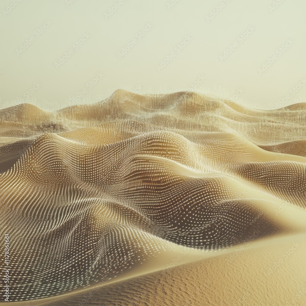 Poster a captivating abstract landscape featuring digital sand dunes with textured waves and a soft, warm c