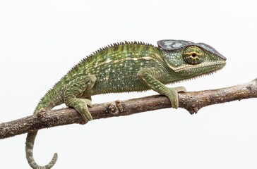 Obraz premium Close-Up View of Vibrant Green Chameleon Resting on a Branch with Textured Skin, Unique Features, and Calm Expression Amidst a Soft Neutral Background