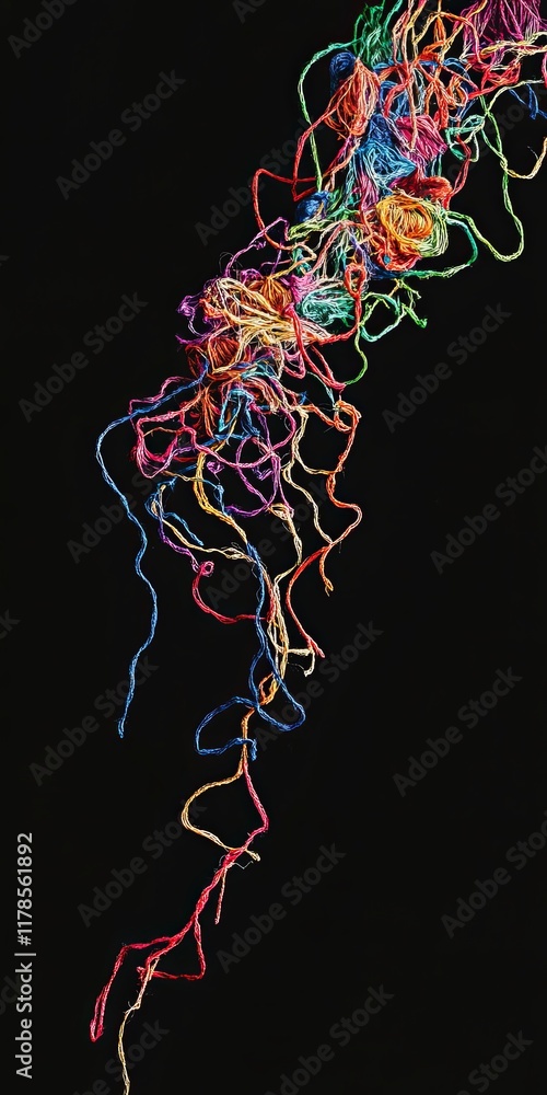 Poster a dynamic display of colorful threads against a black background, forming an abstract and vibrant pa